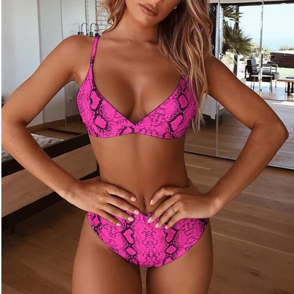 Neon Hot Pink Snake Print High Waist Bikini - Picture 1 of 5
